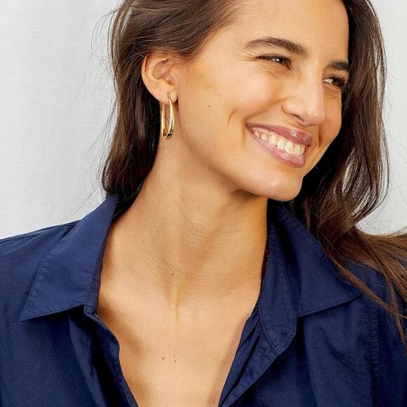 Gold Chunky Hoop Earrings for Women, 14K Gold Plated Oval Hoop Earrings with 925 - Picture 5 of 8